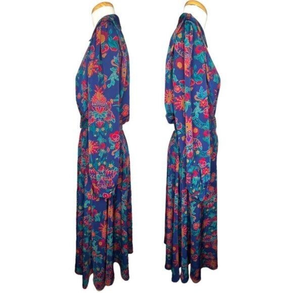 Schrader Long Sleeve 80s Floral Shirt Belted Dress With Jewel Button Cuffs Sz 8 - Picture 3 of 16
